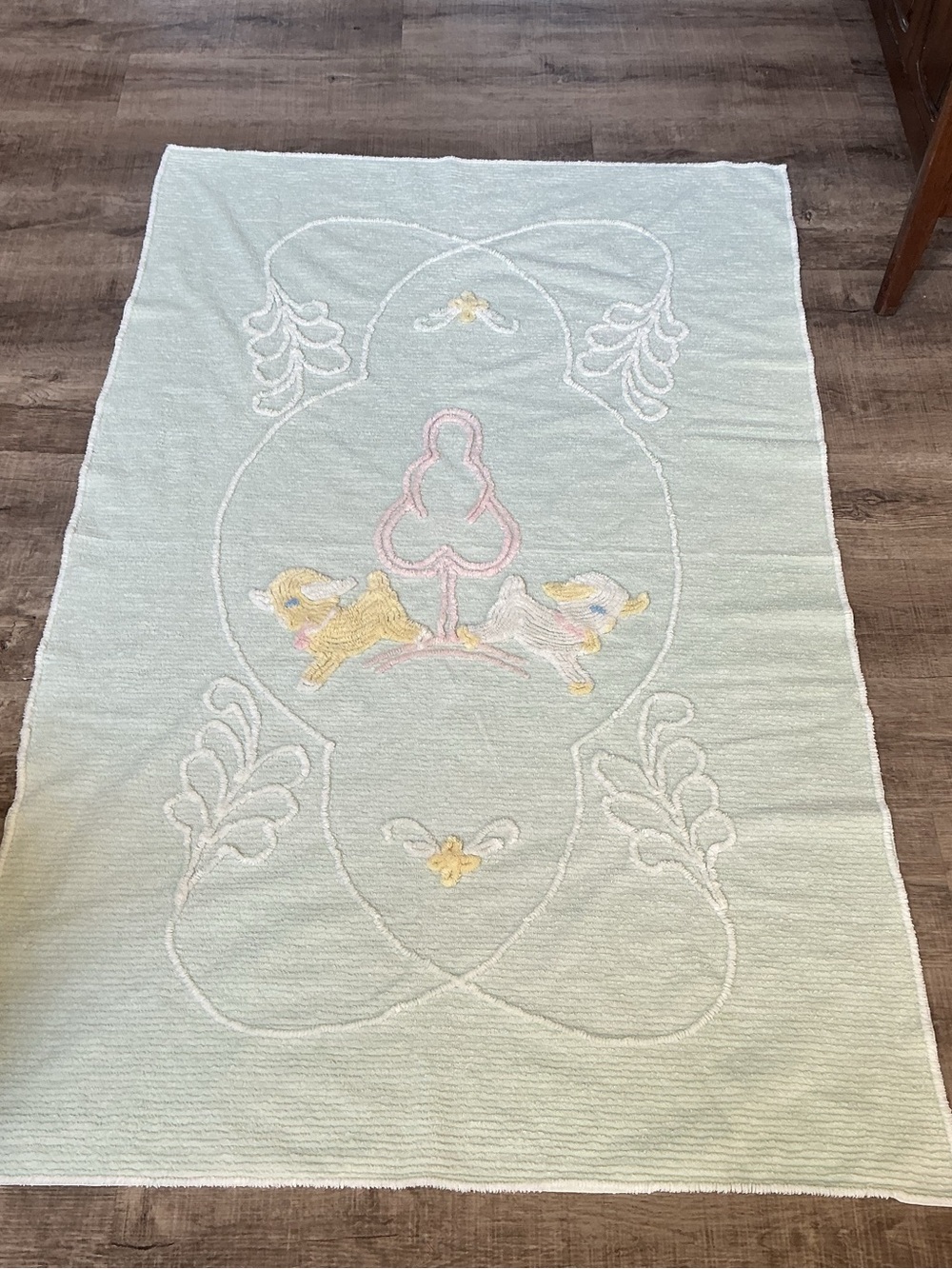 Vintage Chenille Baby Blanket Crib Child Bedspread Mint Green Baby Lambs